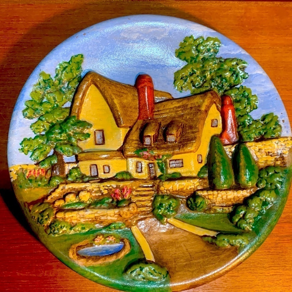 Handmade 1962 Ceramic Decorative Plate With 3D English Cottage Vintage Decor EUC